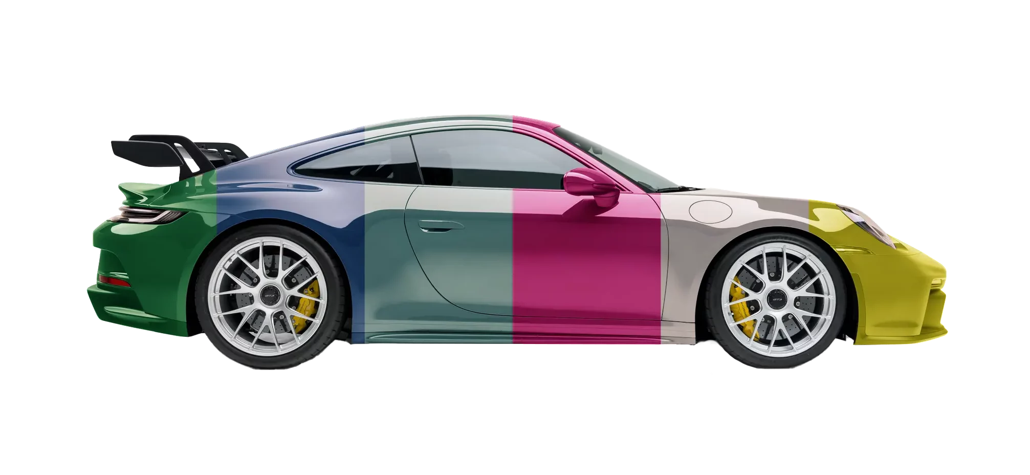 Porsche 911 shown in multiple Peelclear colors — reversible color-change peelable paint