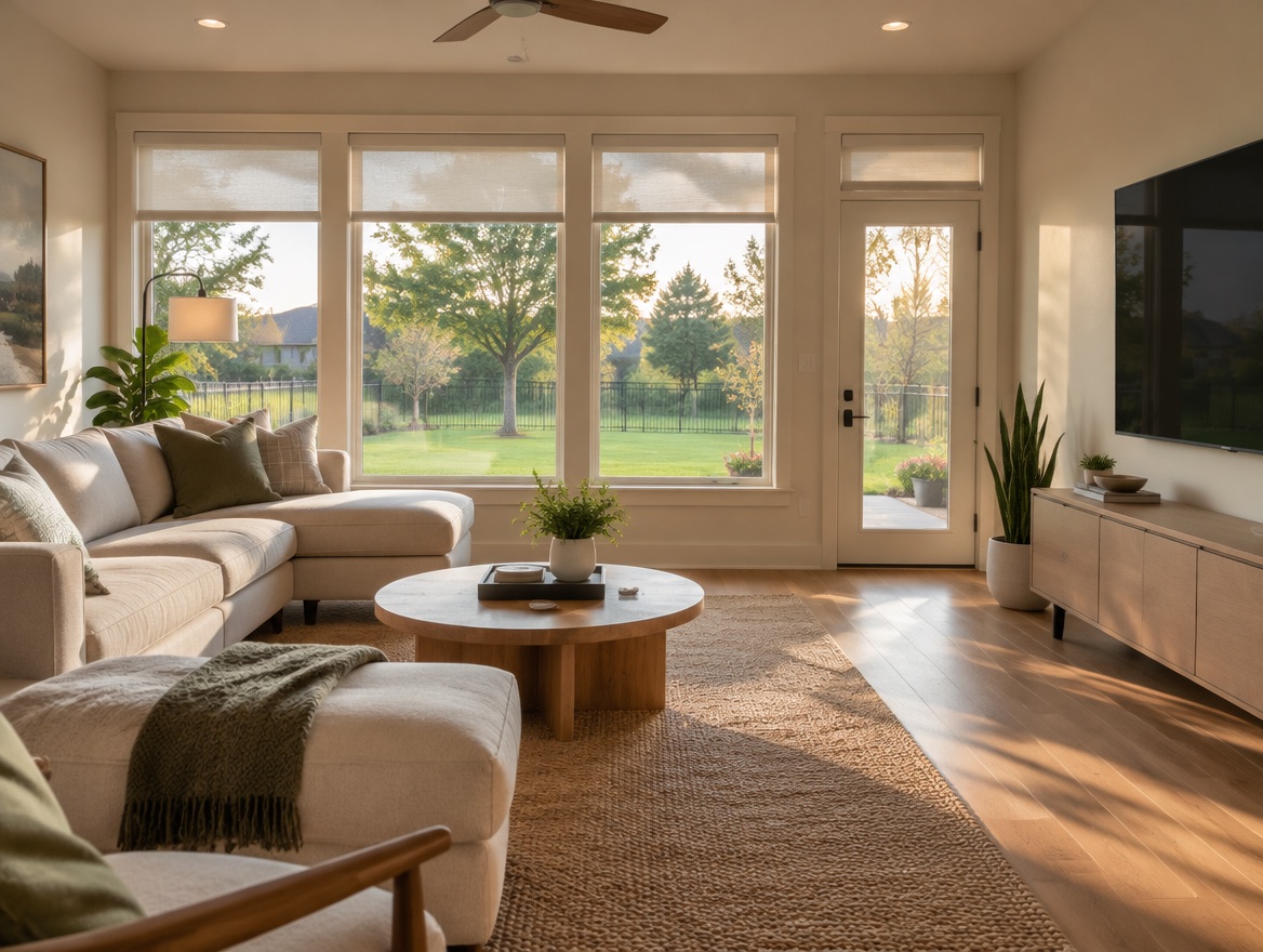 Sunlit living room with Solar Gard window film on large west-facing windows and a patio door