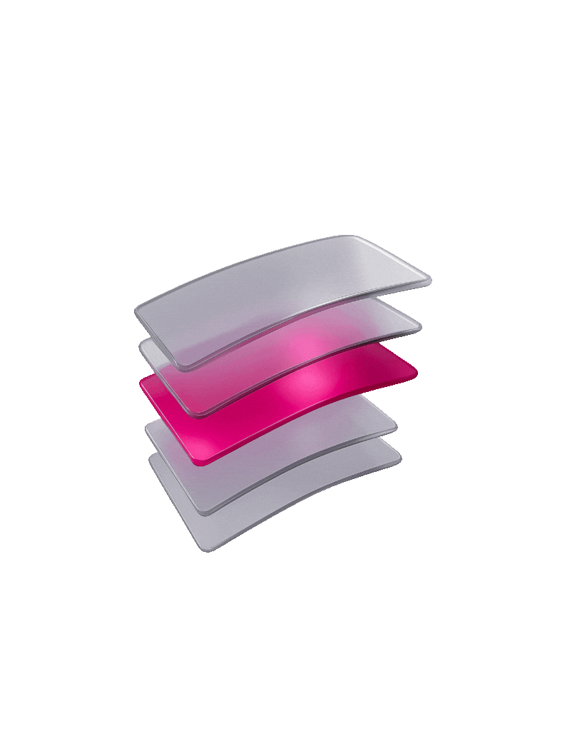 Exploded view of Ceramic Pro Shift color PPF layers — top coat, transparent TPU, color TPU, color base, and adhesive